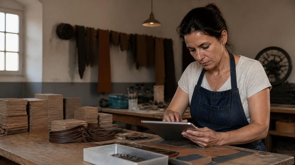 Dueña de un taller revisando costos de producción en una tablet