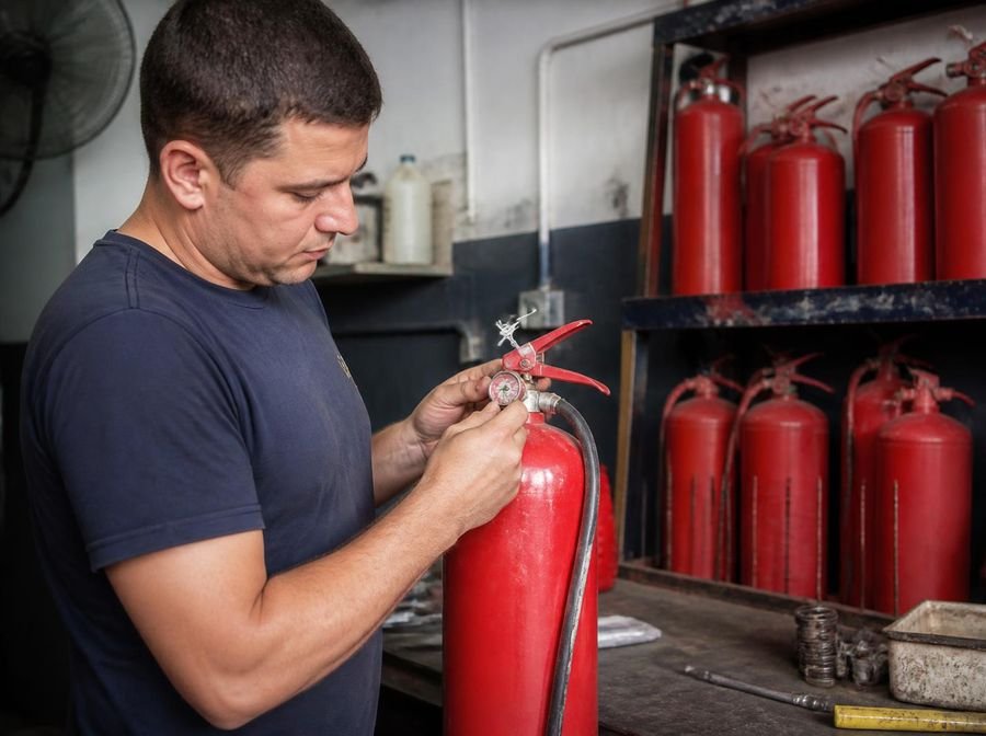 Técnico revisando un matafuegos