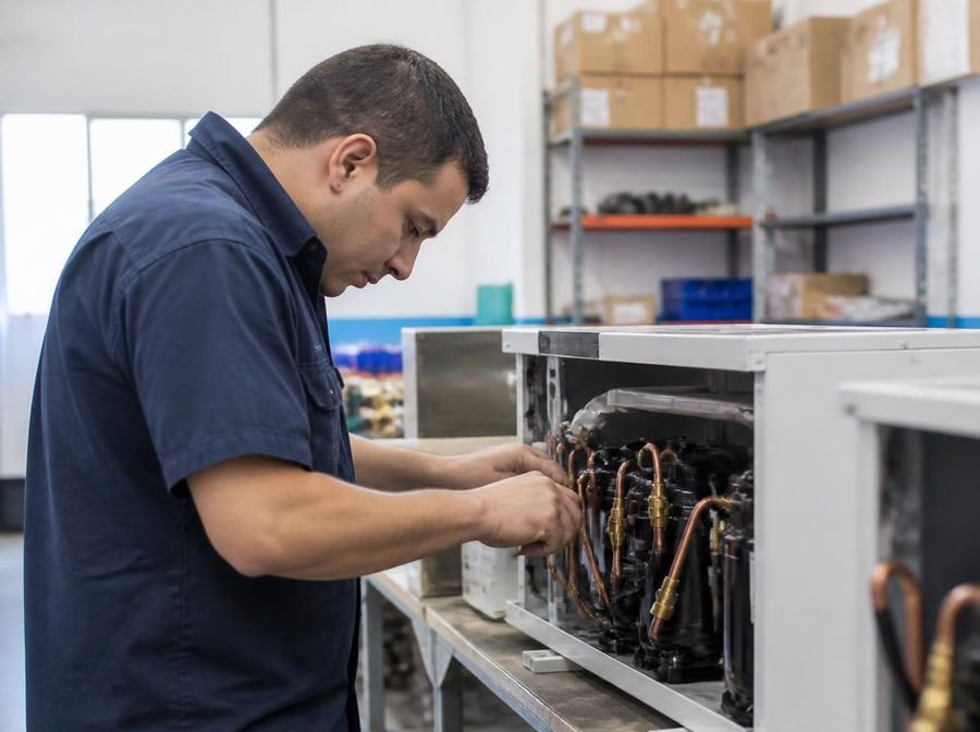 Técnico armando un equipo de climatización
