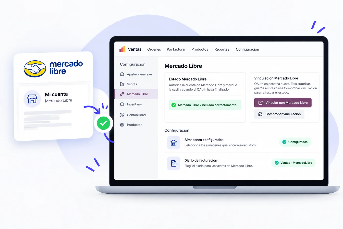 Ajustes de Odoo con la cuenta de Mercado Libre vinculada, almacenes y diario de facturación configurados