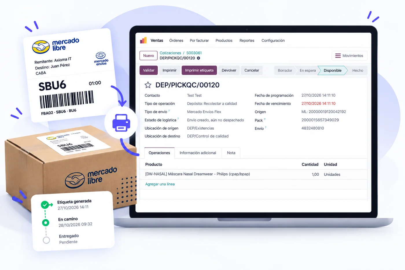 Etiqueta de Mercado Envíos generada en Odoo y seguimiento del envío