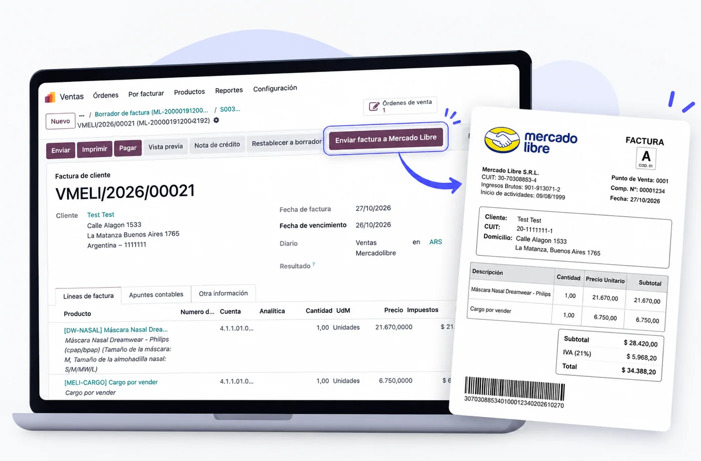 Factura de Odoo enviada al comprador a través de Mercado Libre